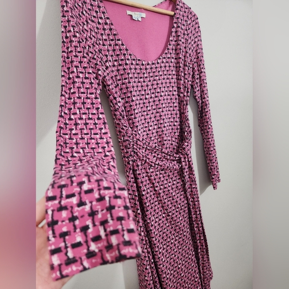 Boden Long Sleeve Belted faux wrap midi dress stretch purple, pink Women's 6P - Picture 7 of 13